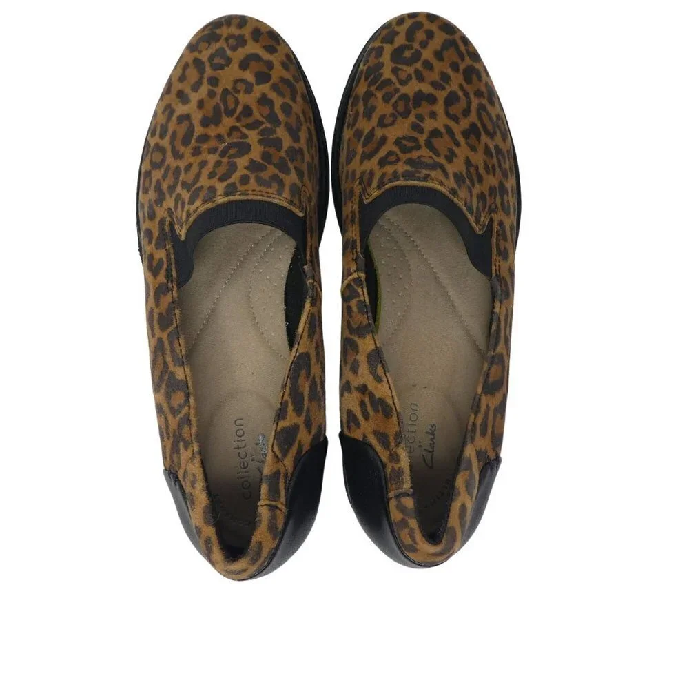 Clarks Collection Sharon Dolly Leopard Print Suede Wedge Heel Shoes Womens 7